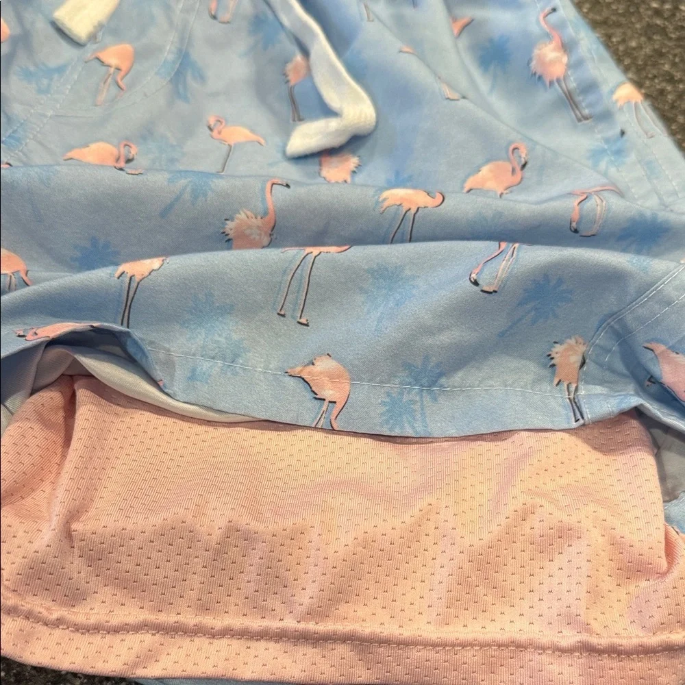 Blue Flamingo Print Swim Trunks with Pink Liner